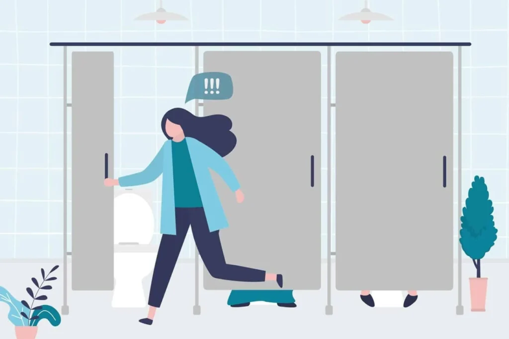 graphic of Urine incontinence Stourbridge woman running to the toilet.