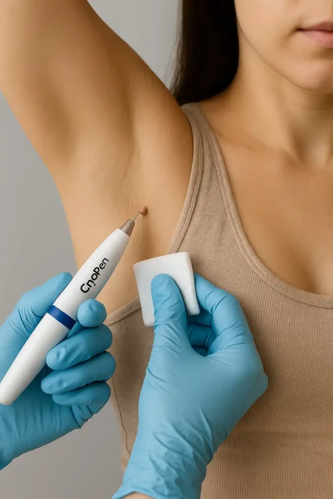 woman having cryopen to remove underarm skin tags Stourbridge