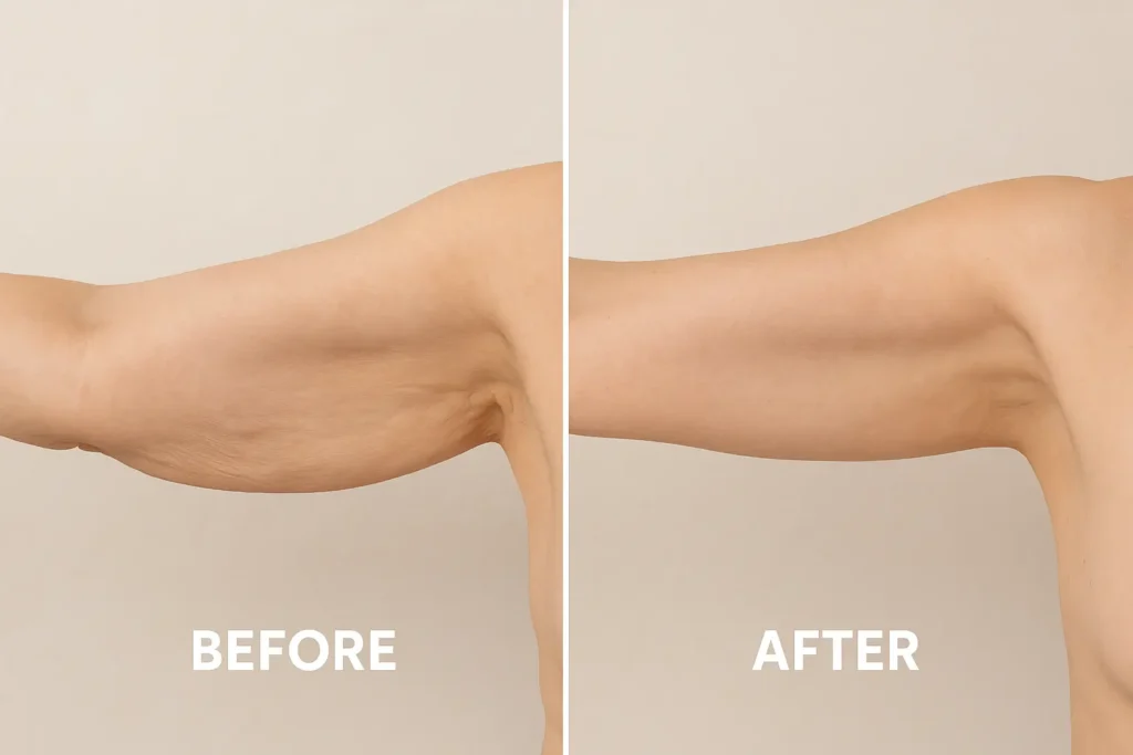 Picture of LA LIPO Stourbridge before and after results of skin tightening treatment on the upper arms.