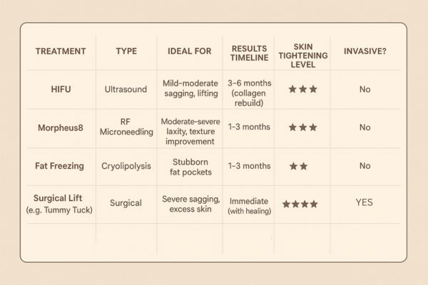 Table showing the comparisons of Skin tightening Stourbridge treatment options.